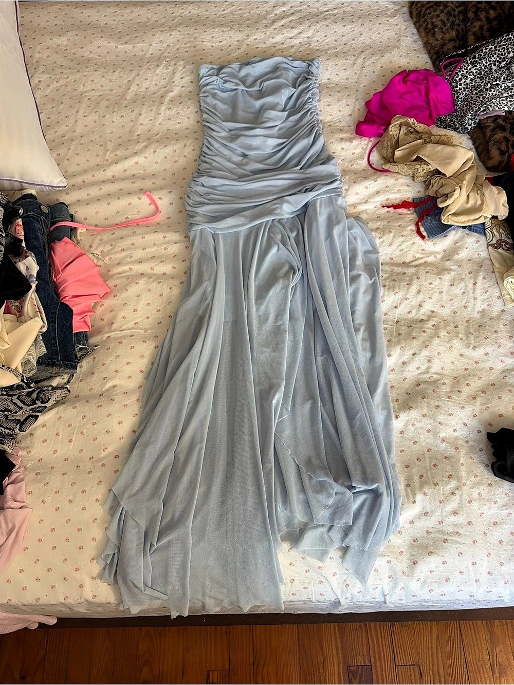 Light Blue Ruched Strapless Maxi Dress - Picture 2 of 5